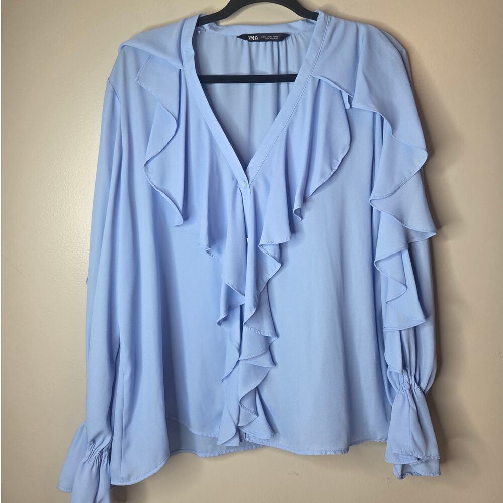 Zara Women's Size XL Light Blue Ruffle Long Sleeve Button Front V-Neck Blouse